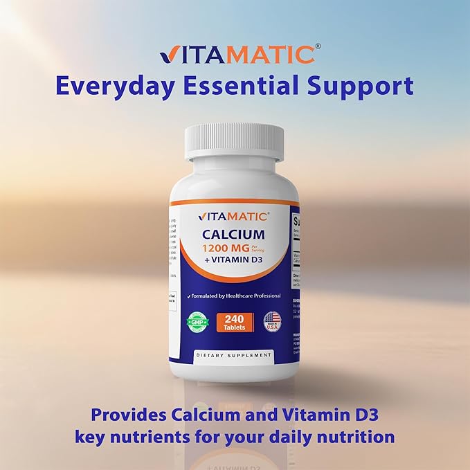 Vitamatic Calcium 1200mg with Vitamin D3 2000 IU (50mcg) – Bone & Immune Support Formula – 240 Tablets – High Absorption Calcium Carbonate with D3 – Non-GMO, Gluten-Free