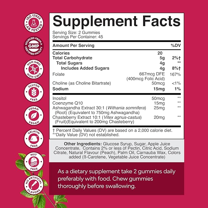 Fertility Gummies for Women Trying to Conceive - Yummy Gummy Fertility Supplement for Women with Myo-Inositol Folic Acid & Vitex Chasteberry - Vegan Non-GMO & Gluten Free - Juicy Peach - 90 Count