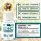 Max Absorption Vitamin K2 + D3 (5000IU) 90 Veggie Capsules From MK-7 (Menaquinone-7) and Cholecalciferol (With BioPerine) 3-Months Supply – D3 with K2 For Healthy Heart and Strong Bones | Non-GMO