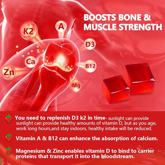 Vitamin D3 K2 Gummies,Sugar-Free,Vegan,Extra Strength,with Calcium Magnesium Zinc,for Immune Support,Bone Teeth Heart Health,for Adults,Non-GMO Gluten Gelatin Free
