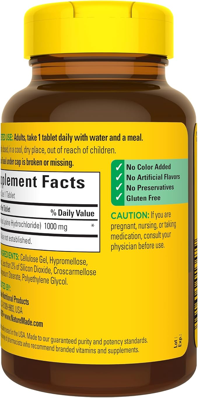 Nature Made L-Lysine 1000 mg, Dietary L-Lysine Supplements, 60 Tablets, 60 Day Supply