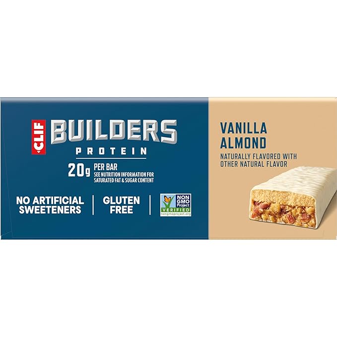 CLIF BUILDERS Protein Bars - Vanilla Almond Flavor - 20g Plant Based Protein - Gluten Free - Non-GMO - Low Glycemic - No Artificial Sweeteners - 2.4 oz. (12 Pack)