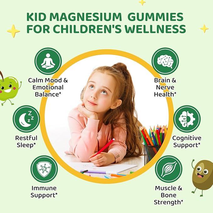 Magnesium Gummies for Kids - Magnesium Glycinate Gummies with L-Theanine, Chamomile & Multivitamins for Sleep, Calm & Focus - Green Apple & Kiwi Center-Filled Gummies 60 ct
