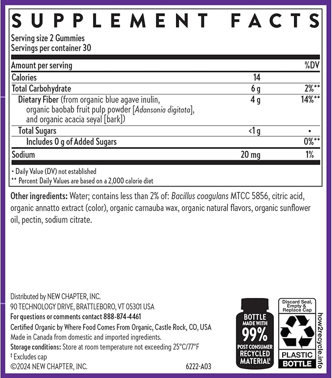 New Chapter Organic Fiber Gummies for Adults & Kids (Age 4+), Plant-Based Prebiotic Fiber for Digestive Health, Vegan, Non-GMO, USDA Organic, Gluten Free, Citrus-Berry Flavored, 60 ct, (Pack of 2)