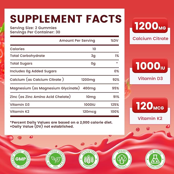 Calcium Citrate Gummies 1200mg, High Absorption Calcium Supplements with Vitamin D3, K2, Magnesium, Zinc for Bone, Muscle & Immune Support, Calcium Gummies for Women & Men, Strawberry Flavor 60 Count