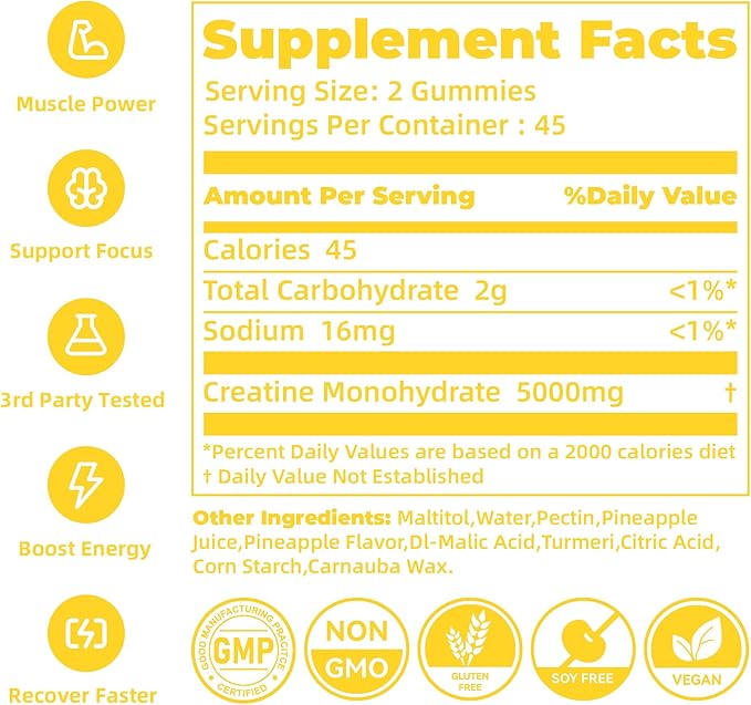 novomins Creatine Monohydrate Gummies for Men & Women, Chewables Creatine Monohydrate for Muscle Strength, Muscle Builder, Energy Boost, Pre-Workout Supplement(90 Count)-Pineapple Flavor.