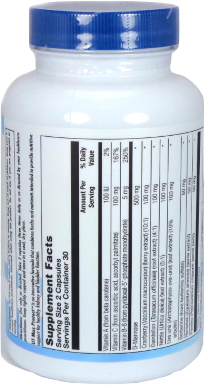 Nutra Biogenesis UT Max Protect - D Mannose Supplements for Women, Cranberry Pills for Urinary Tract Cleanse & Bladder Health, 500mg D-Mannose Per Serving - 60 Veggie Capsules