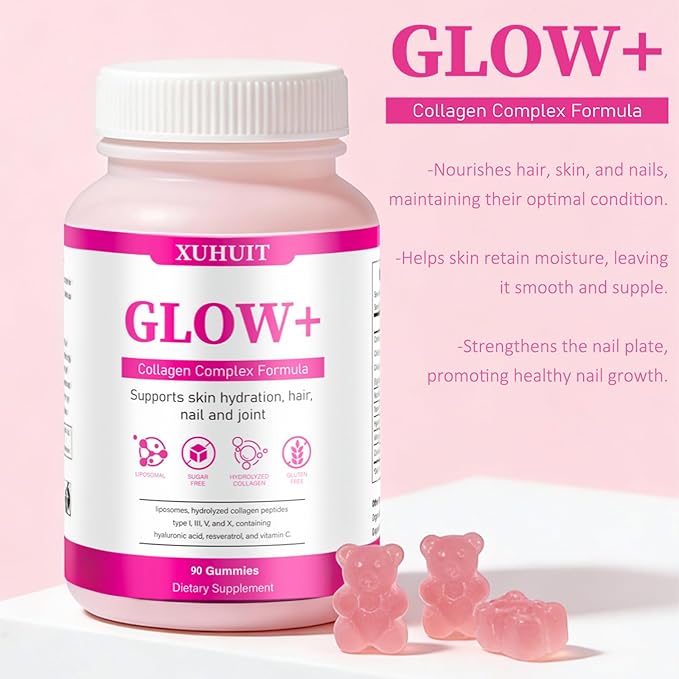 Glow Collagen Gummies with Hyaluronic Acid & Resveratrol | Gentle Support for Skin, Hair & Nail Care | Non-GMO | 90 Count (1)