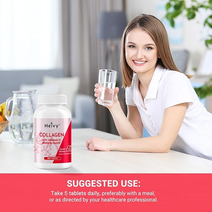 Heivy Natural Collagen 5000 mg with Vitamin C, Biotin and CoQ10,Hydrolyzed Collagen Peptides Supportment for Women & Men, Multi Collagen Pill for Hair, Skin, Nails, Joint, Grass Fed, 300 Tablets