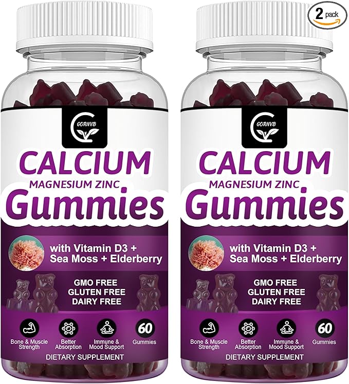 Calcium Magnesium Zinc Gummies with High Absorption Magnesium Glycinate 300mg, Potassium - Plant Complex Calcium Magnesium 2:1 Ratio, with D3 Sea Moss for Bone, Immune & Sleep Support, Vegan-2 Pack