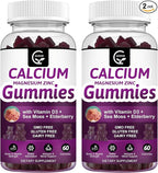 Calcium Magnesium Zinc Gummies with High Absorption Magnesium Glycinate 300mg, Potassium - Plant Complex Calcium Magnesium 2:1 Ratio, with D3 Sea Moss for Bone, Immune & Sleep Support, Vegan-2 Pack