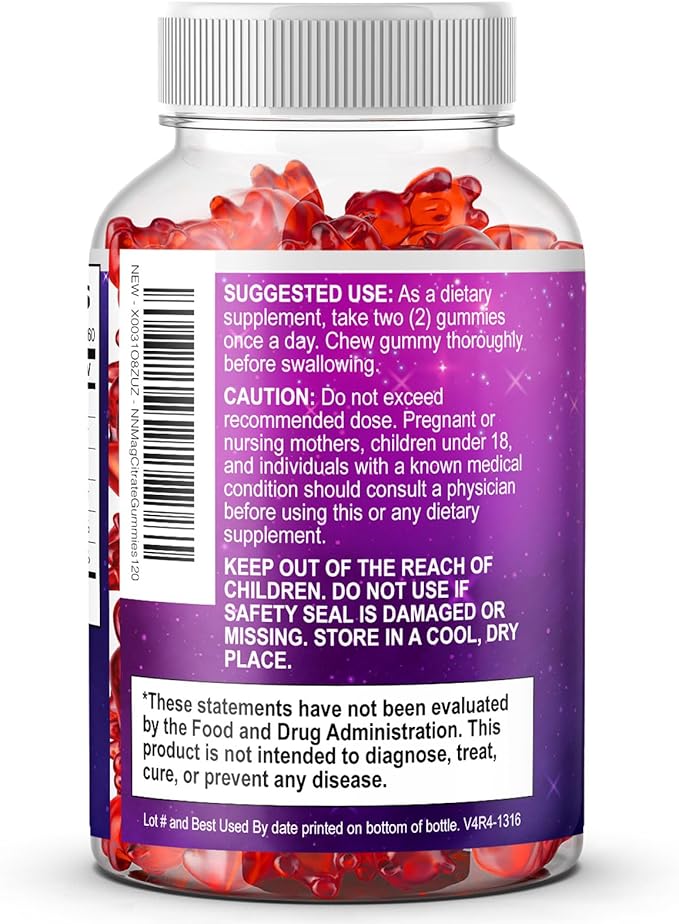 Magnesium Citrate Gummies for Adults & Kids - High Absorption Magnesium Supplements - Premium Calm, Relaxation, Muscle, Nerve, Bone & Heart Support - Great-Tasting Vegan Gummy Supplement - 120 Gummies