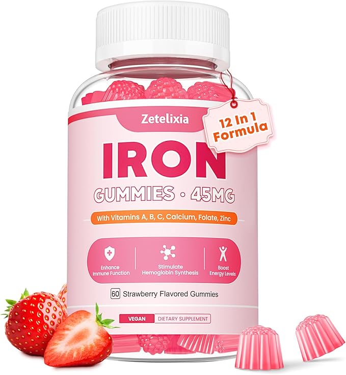 Vegan Iron Supplement Gummies for Women & Men, Anemia, Blood Builder & Energy Support for Iron Deficiency, with Vitamin C, A, B Complex, Folate, CoQ10, Sugar Free, Non-GMO, 60 Count