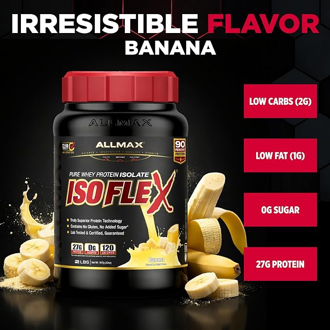 ALLMAX ISOFLEX Pure Whey Isolate Protein Powder - Gluten Free, Low Lactose, Sugar-Free - High-Protein, Clean, Keto-Friendly for Pre Post Workout Supplement for Women and Men | Banana, 2lb