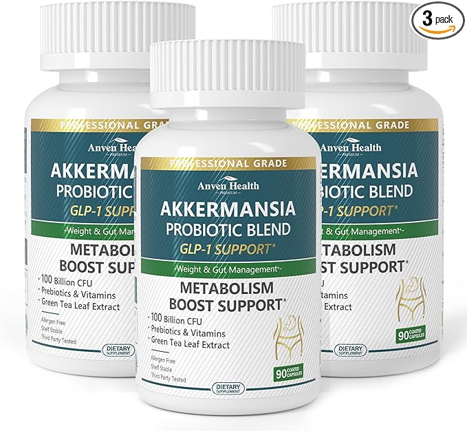 GLP-1 Supplement 100 Billion Akkermansia Probiotic & Prebiotic for Gut Health & Digestion, Metabolism & Energy Support with Vitamin B2 & D, Green Tea and Chromium - Non-GMO | 270 Capsules
