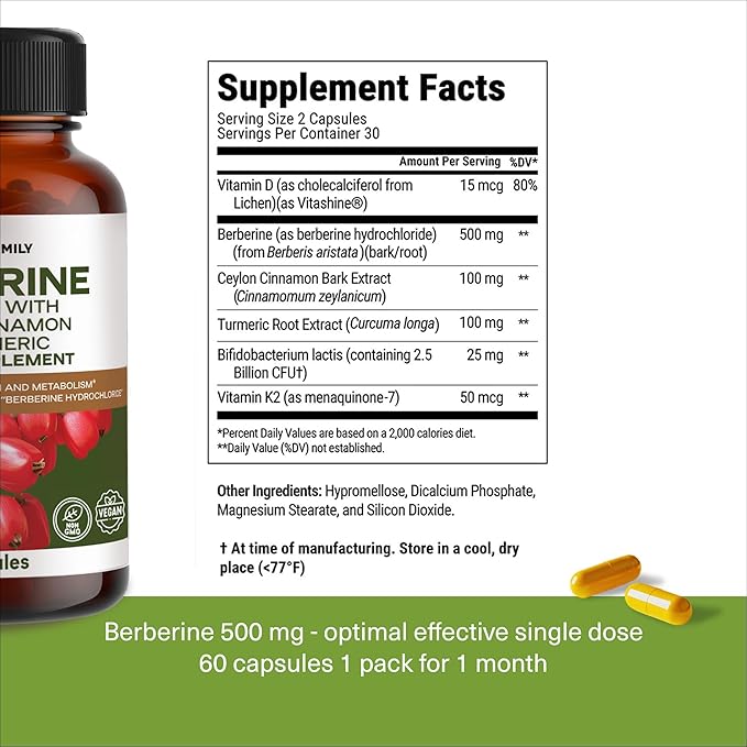 WONDER FAMILY Berberine 500 mg GLP-1 Weight Loss Supplement – Berberine HCl with Ceylon Cinnamon, Probiotics, Vitamin D3 & K2 – Glucose Metabolism & Appetite Support – 3 Pack - 180 Capsules