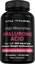 Vital Vitamins Hyaluronic Acid Supplements - Made with 200mg of Low Molecular Weight Hyaluronic Acid - Supports Skin Hydration & Elasticity from Within - 60 Capsules, 60 Servings