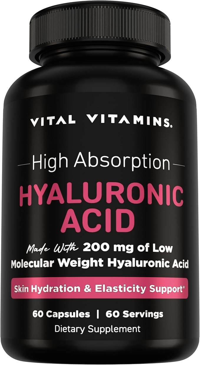 Vital Vitamins Hyaluronic Acid Supplements - Made with 200mg of Low Molecular Weight Hyaluronic Acid - Supports Skin Hydration & Elasticity from Within - 60 Capsules, 60 Servings