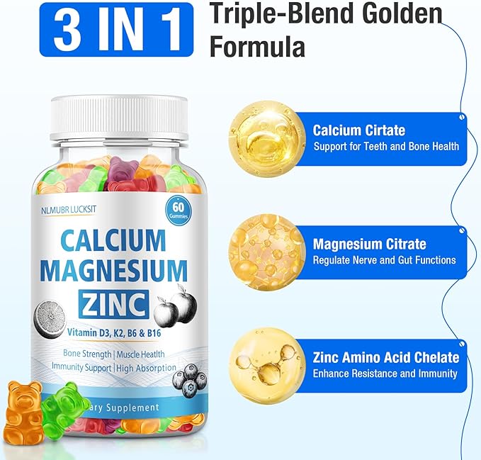 Calcium Citrate Magnesium Zinc Gummies, Calcium 1200 mg with Vitamin D3, B6, K2,B12 for Bone, Muscle, Immune Ultimate Absorption Calcium Supplement for Women and Men 60 Counts