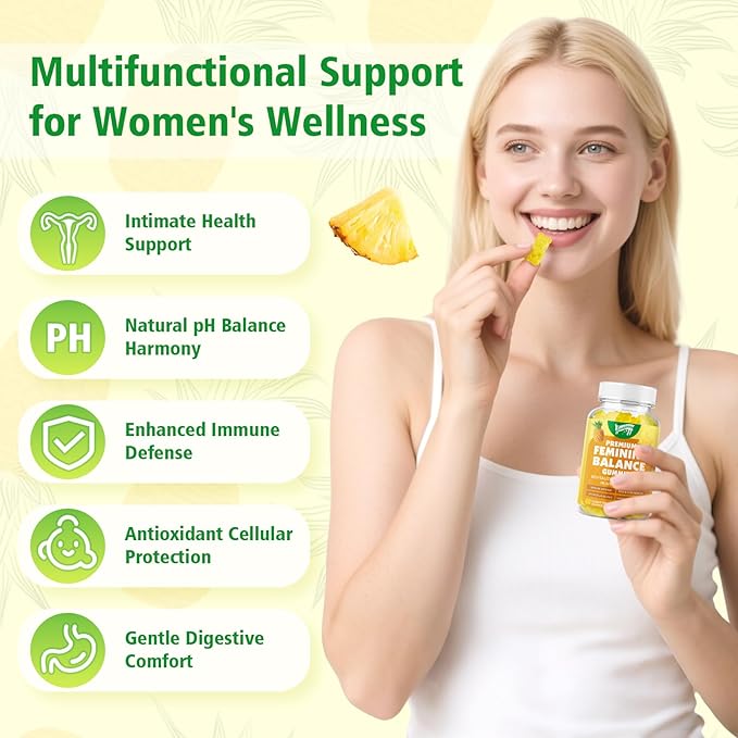 Premium Feminine Balance Gummies for Women's Immune Health, Hawaiian Pineapple Gummies Support pH Balance & Immune Support, Vegan, Gluten-Free, 60 Gummies ﻿