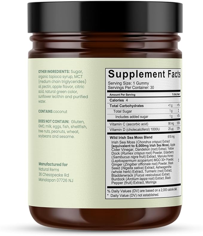 Natural Rems Sea Moss Gummies 16-in-1 - Ashwagandha Black Seed Oil Bladder Wrack Turmeric Vitamin C & D3 with Manuka Burdock Root Dandelion Yellow Dock Elderberry Apple Cider Vinegar (Green Apple)
