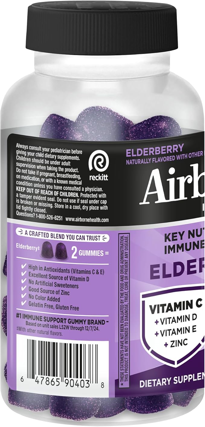 Airborne Elderberry + Zinc & Vitamin C Gummies For Adults, Immune Support Vitamin D & Zinc Gummies With Powerful Antioxidant Vitamins C D & E - 50 Gummies, Elderberry Flavor