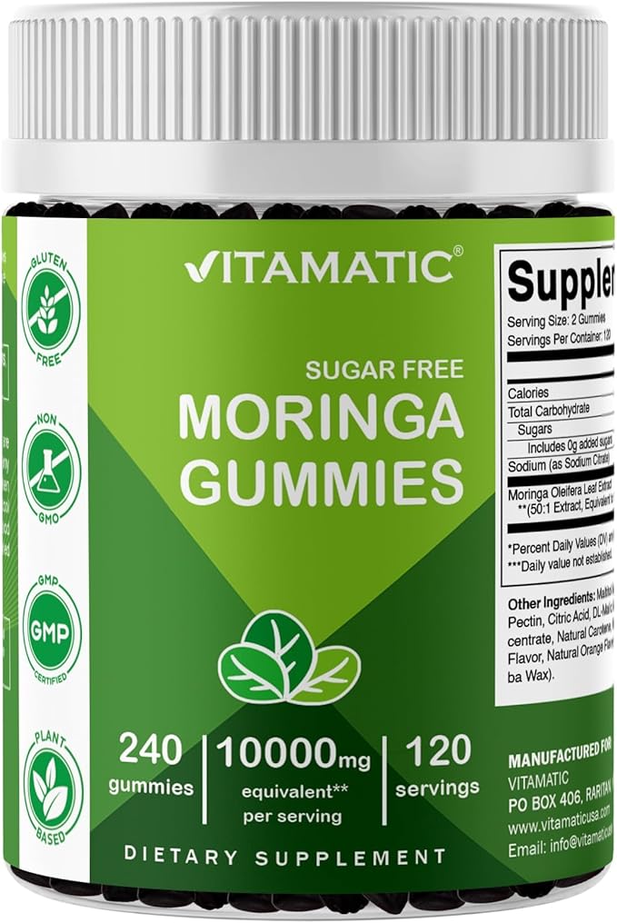 Vitamatic Moringa Gummies – Sugar-Free 50:1 Plant-Based Extract – Green Superfood – Pectin-Based, Vegan, Non-GMO – 240 Gummies