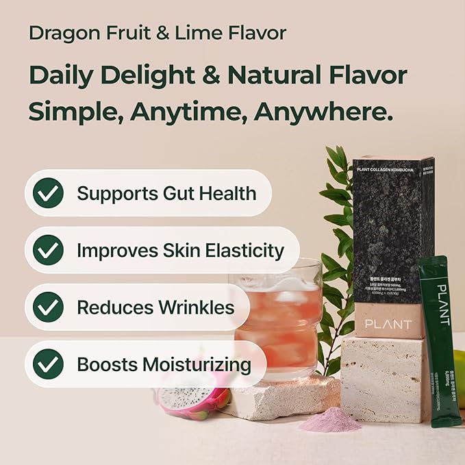 PLANT Vegan Collagen Peptide, Kombucha Powder, Probioitics, Vitamin C | 2000mg Tripeptide Vegetarian Collagen Booster, Dragonfruit Lime |15 Packets, Gut & Skin Health Anti-Aging Hydration Drink Mix