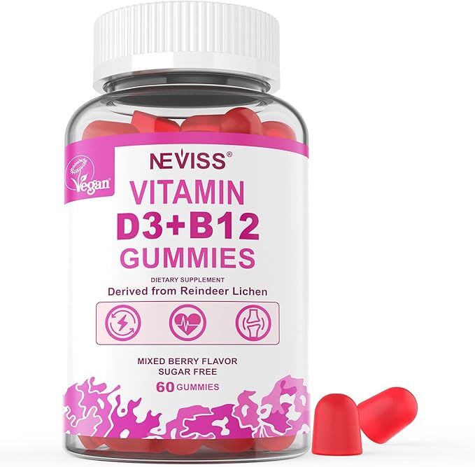 NEVISS Vegan Vitamin D3 + Vitamin B12 Gummies, High Potency D3 5000IU & 1000 mcg Methylated B12, Vitamin D3 and B12 for Adults, Support Bone Health, Immune & Energy Supplement, 60 Count