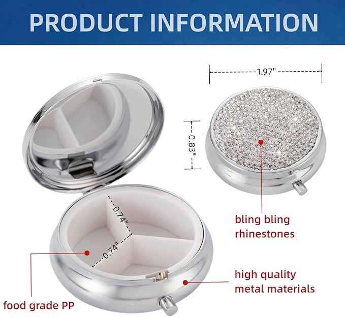 Medicine Organizer Box Pocket Pharmacy Bling Travel Pill Case Box for Purse Mini Pill Holder Organizer Small Pill Container for Vitamin(Silver)