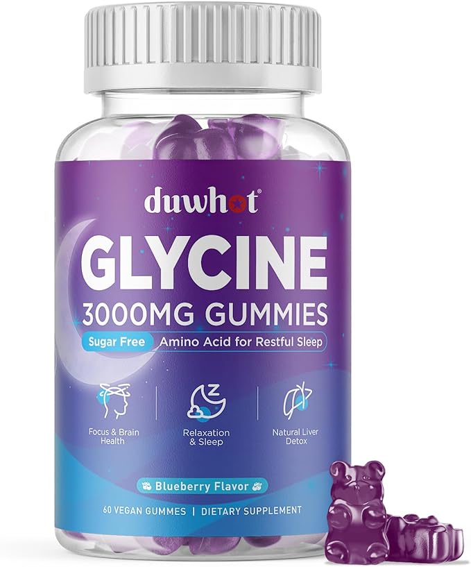 duwhot Glycine Gummies, 3g(3000 mg) Glycine Supplements for Sleep, Detox, Relax, Nerve Support, Blueberry Flavor, Sugar-Free, Vegan, Non-GMO, Gluten-Free, 60 Ct.