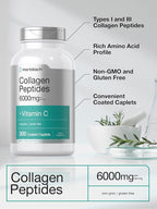 Horbäach Collagen Peptides 6000mg | 300 Caplet Pills | with Vitamin C | Hydrolyzed Collagen Supplement | Non-GMO, Gluten Free