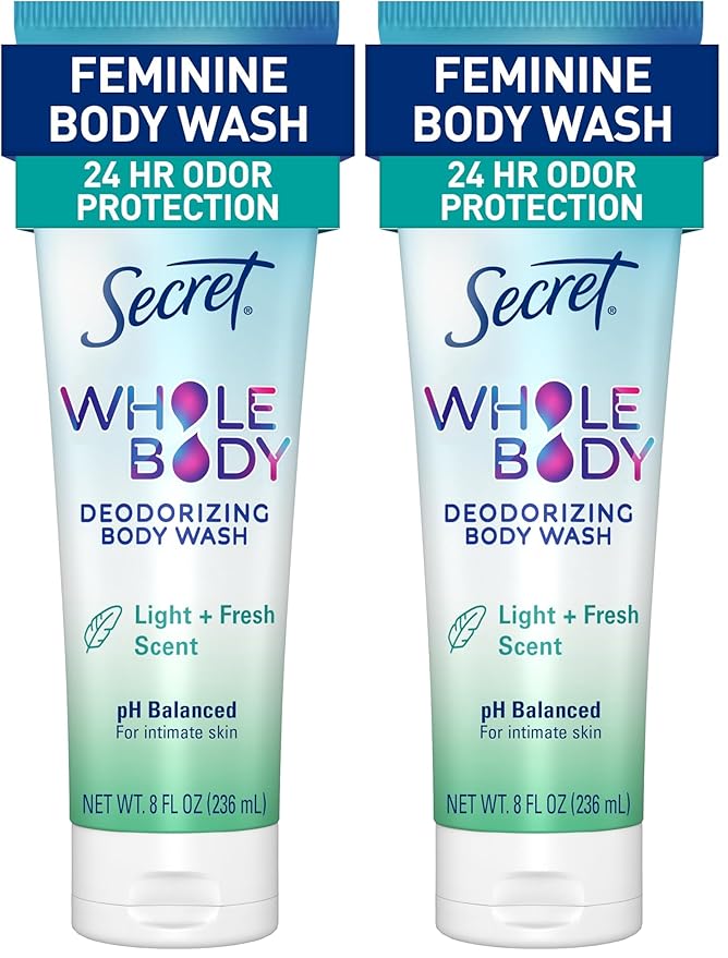 Secret Feminine Wash, 24 HR Deodorizing Feminine Body Wash for Women, Removes 6x Causes of Odor, PH Balanced, Safe to Use Everywhere, Light & Fresh, 8.0 oz, (Pack of 2)