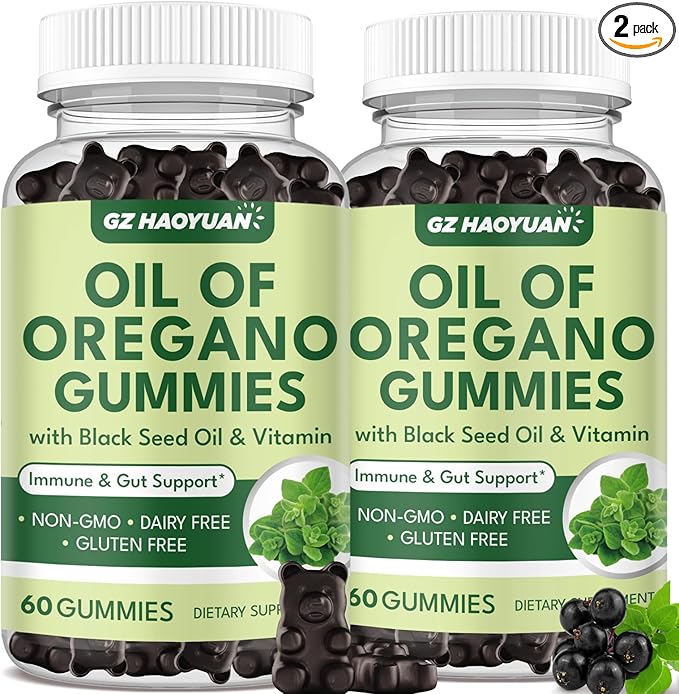 Oil of Oregano Gummies with Black Seed Oil + Vitamin D3, Oregano Oil High Carvacrol, Immune & Digestive Support, Antioxidant Support, 120 Gummies