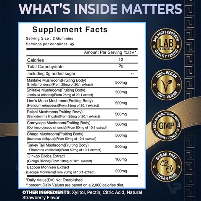 9-In-1 Nootropic Mushroom Gummies | With Lion's Mane, Reishi, Chaga, & More | Enhanced with Bacopa Monnieri & Gingko Biloba | For Focus & Memory | 90 Ct | Sugar Free & Vegan | for Men and Women