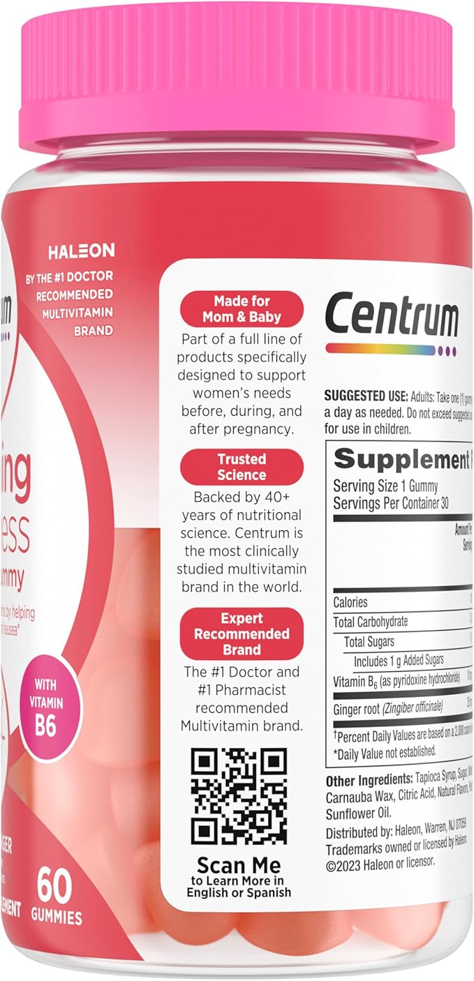 Centrum Morning Sickness Relief Gummies, Citrus Ginger Flavor - 60 Count, Up to 60 Day Supply