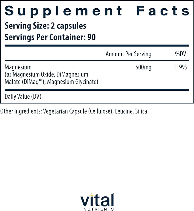 Vital Nutrients Triple Magnesium Complex Supplement - Vegan Magnesium Glycinate, Malate & Oxide 250mg - Easily Absorbed Magnesium Supplement for Stress, Muscle, Heart, Bone Support - 180 Capsules