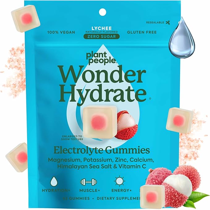 Plant People WonderHydrate Electrolyte Gummies – Vegan Hydration Supplement with Magnesium, Potassium, Zinc, Vitamin C & Himalayan Sea Salt – Zero Sugar Lychee (42 Count)
