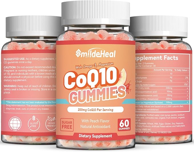 CoQ10 Gummies 200mg with Omega-3, EPA + DHA, & Magnesium - Coenzyme Q10 Supplements for Heart Health, Cellular Energy & Antioxidant, Vegan - 60 Gummies