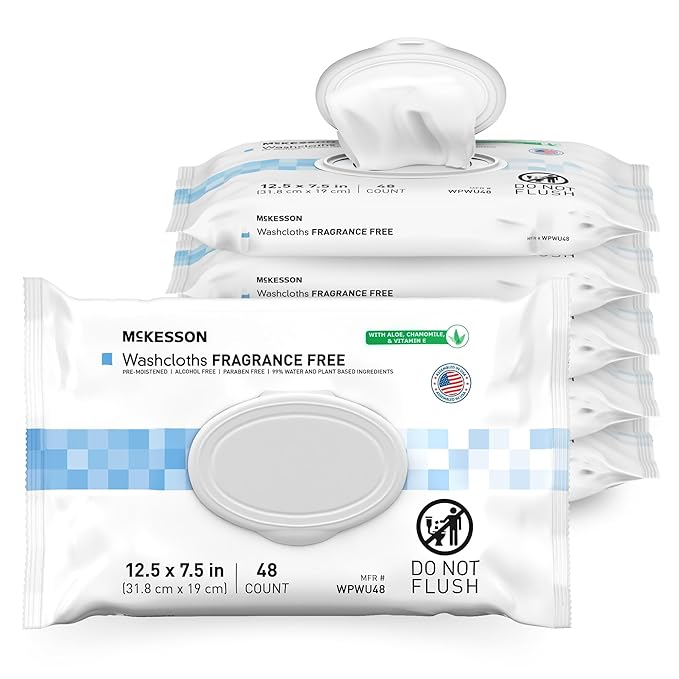 McKesson Washcloth Wipes, Unscented - Disposable Wet Wipes for Adults - Fragrance-Free, Paraben-Free - No-Rinse Formula, 48 Count, 6 Packs, 288 Total