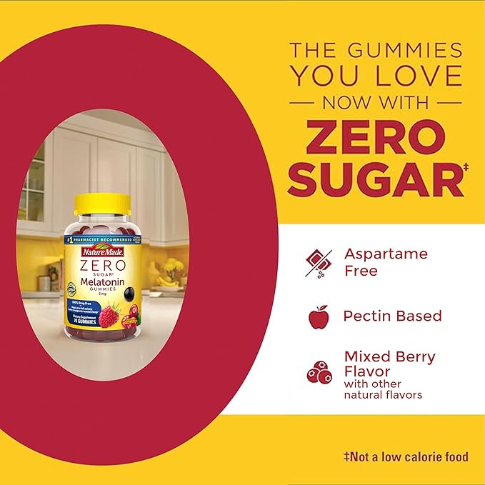 Nature Made Zero Sugar Melatonin 5mg Sleeping Gummies for Adults Extra Strength, 100% Drug Free Sleep Aid, Aspartame Free, 70 Sugar Free Melatonin Gummies, 70 Day Supply