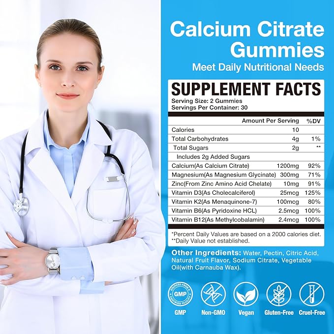 1200mg Calcium Gummies with Vitamin D3,K2,B6 Calcium Citrate Magnesium Zinc for Bonе & Immune Support, Calcium Supplements for Women&Men 120 Chews