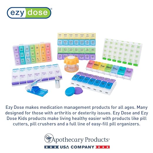 Ezy Dose Weekly (7-Day) AM/PM Pill Organizer, Vitamin and Medicine Box, Small Pop-out Compartments, 2 Times a Day, Blue and Purple Lids