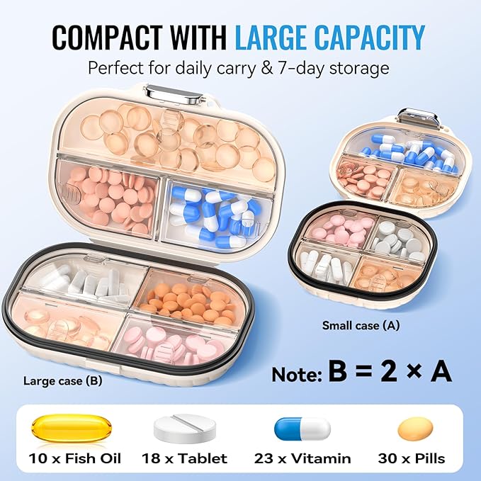 Travel Pill Organizer, 2 Pack Portable Pill Box 7 Day Small Pill Case Moisture Proof Daily Medicine Vitamin Container for Vitamins, Supplements Medication Tracker Travel Essentials (Small+ Large)