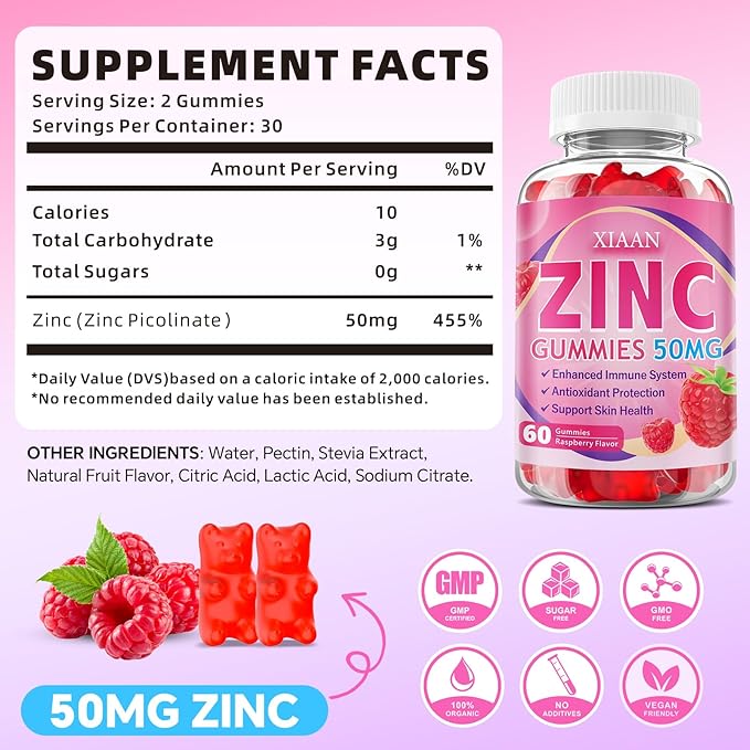 Zinc Picolinate Gummies 50mg for Kids & Adults, Chewable Zinc Supplements for Women & Men Supports Immune System & Cellular Health & Antioxidant, Vegan/Sugar-Free, Raspberry Flavor 60 Count