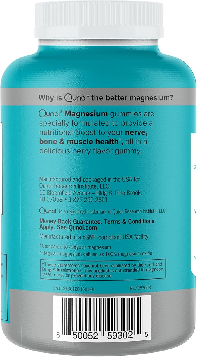 Qunol Magnesium Gummies for Adults, 200mg Elemental Mg (from 1,750mg Magnesium-Citrate),High Absorption Mg-Supplement,Supports Nerve,Bone & Muscle Health,Vegetarian,120 Count(Pack of 2)