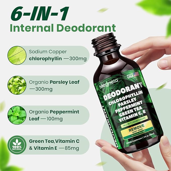 Chlorophyll Liquid Drops – Body Deodorizing Supplement for Women & Men – Detox, Energy & Skin Health Support– Vegan, Non-GMO, 2 Fl Oz