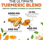 Turmeric Curcumin Supplement - 2000mg Organic Turmeric Per Serving - 95% Curcuminoids, Ginger & BioPerine Black Pepper for Best Absorption - Natural Vegan Joint Support, Bottled in USA - 60 Capsules