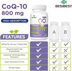 Liposomal Ubiquinol CoQ10 800 MG Softgel, High Absorption CoQ10 Ubiquinol Supplement, Active Coenzyme Q10 800mg, Powerful Antioxidant for Heart & Brain Function, Energy Production, 240 Vegan Softgels