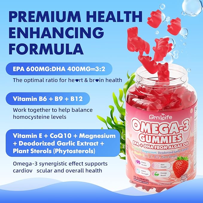 2 Pack Vegan Omega 3 Gummies 1000mg+CoQ10+Magnesium - w/Algae EPA 600mg & DHA 400mg, Fish Oil Omega-3 Supplements Alternative for Adults, for Brain, Eye, Immune Health, Strawberry Flavor, 120 Count